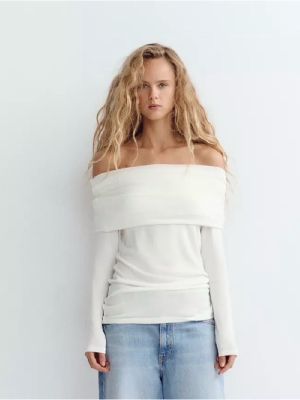 Zara Cream Off-the-Shoulder Fold-Over Sweater